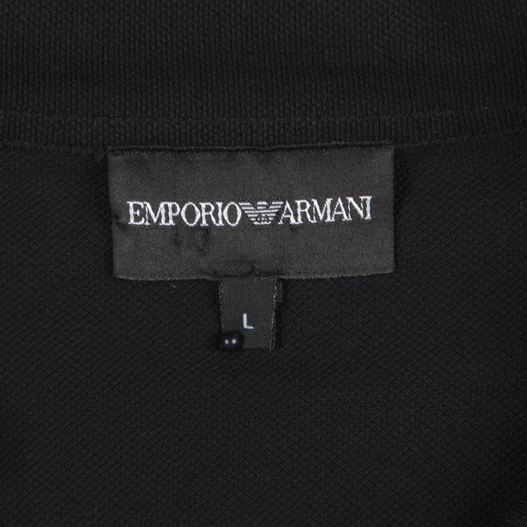Pre Owned Emporio Armani Black Honeycomb Knit Asymmetric Detail Printed Polo T-Shirt L