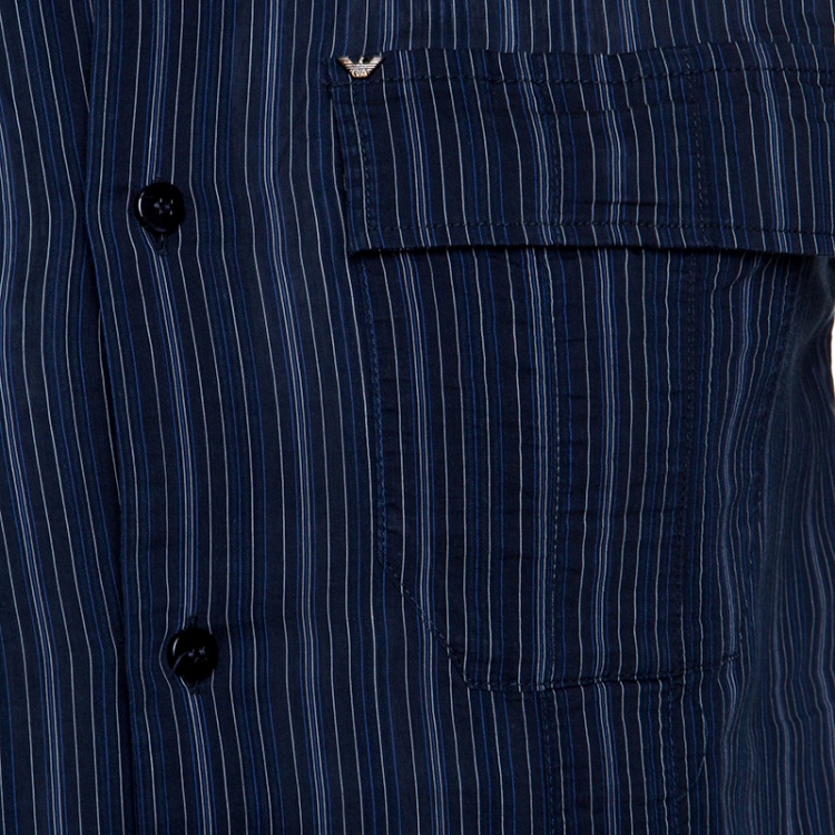 Pre Owned Emporio Armani Navy Blue Striped Cotton Short Sleeve Button Front Shirt L