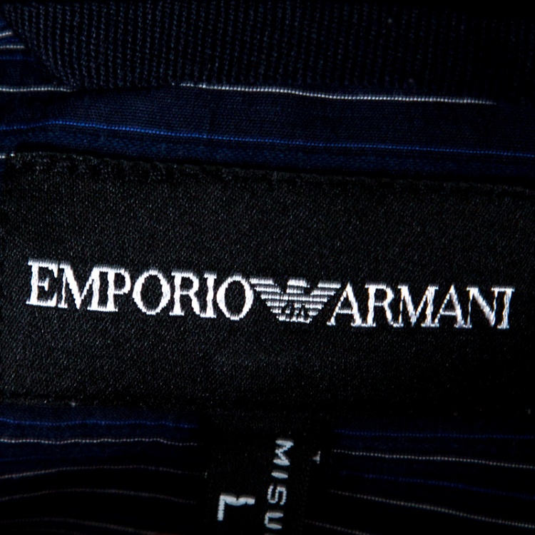 Pre Owned Emporio Armani Navy Blue Striped Cotton Short Sleeve Button Front Shirt L