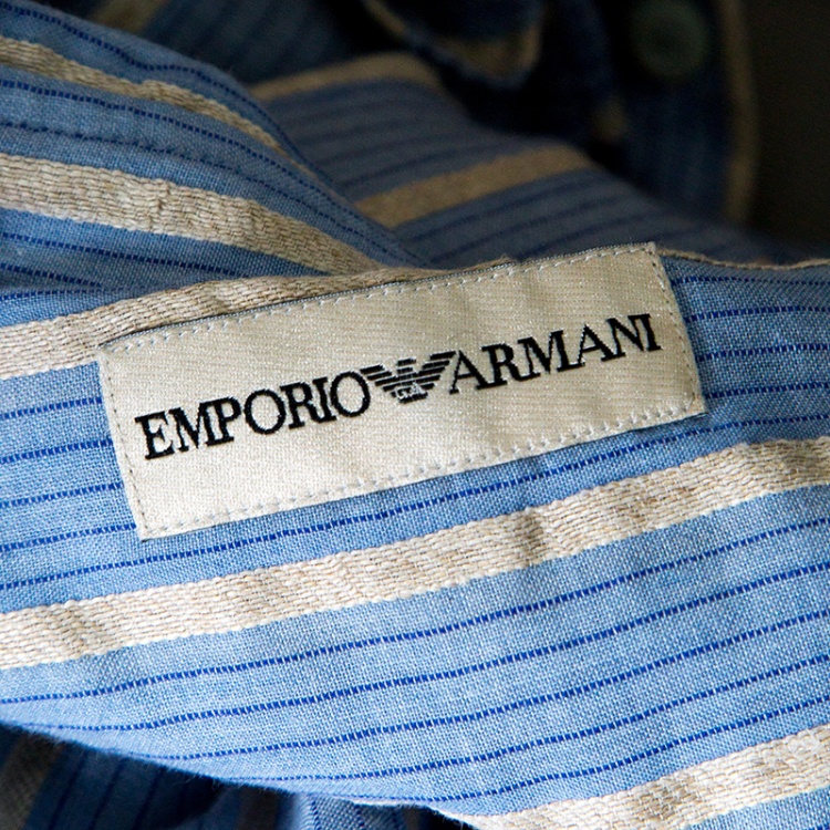 Pre Owned Emporio Armani Blue and Beige Striped Cotton and Hemp Long Sleeve Shirt L