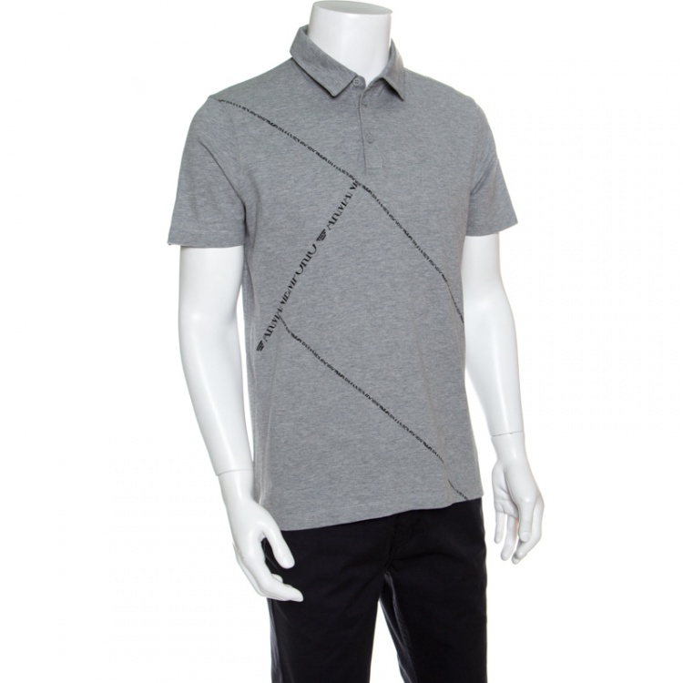 مملوكة مسبقًا Emporio Armani Grey Honeycomb Knit Logo Printed Polo T-Shirt L