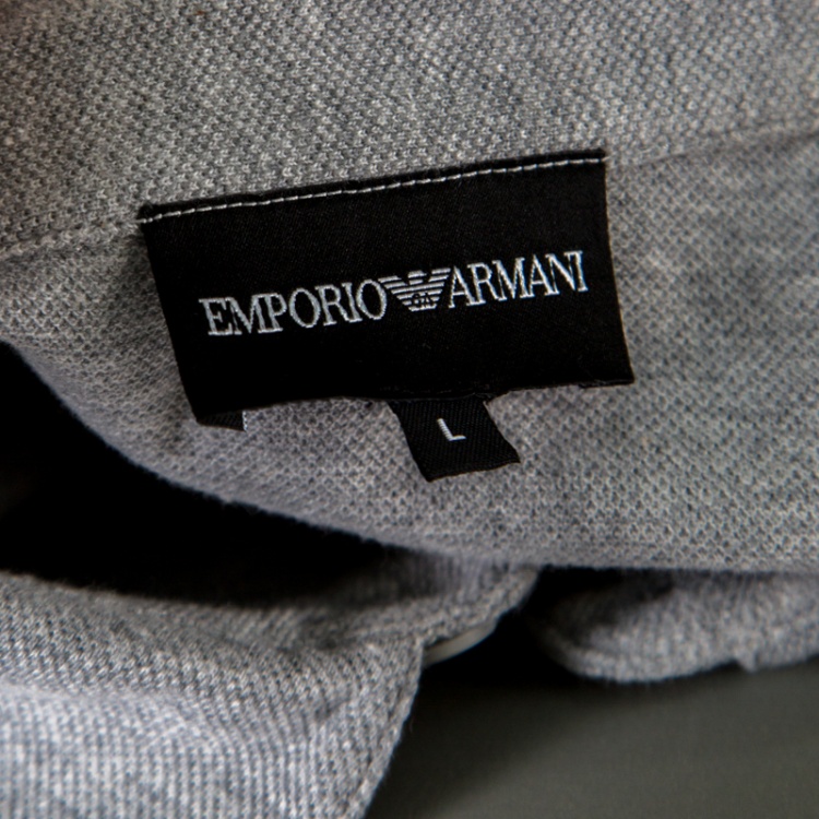 مملوكة مسبقًا Emporio Armani Grey Honeycomb Knit Logo Printed Polo T-Shirt L