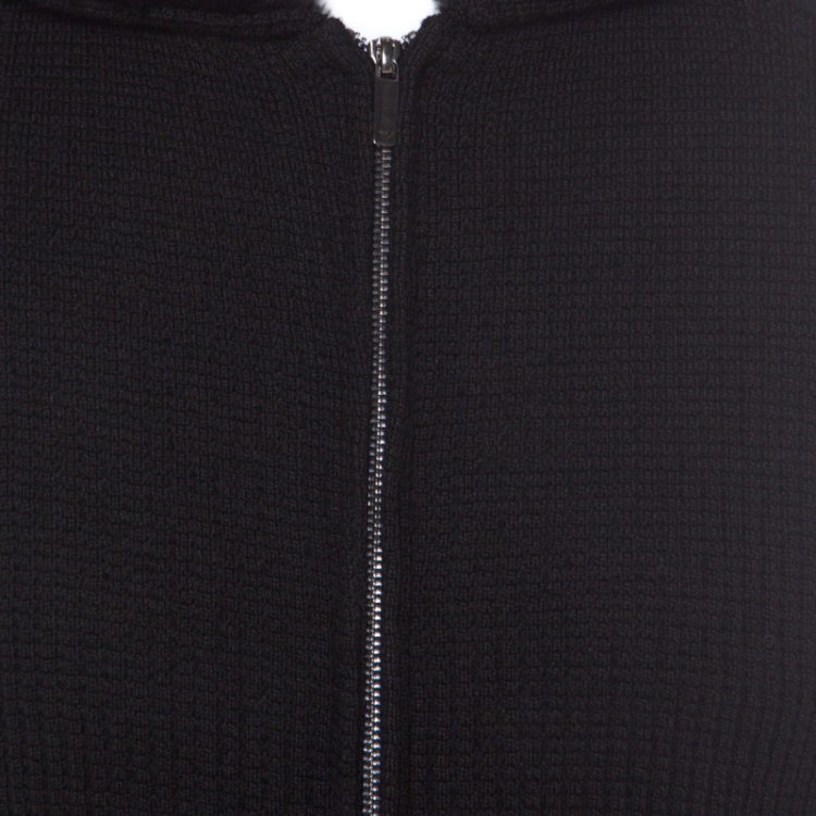 Pre Owned Emporio Armani Black Waffle Knit Fur Lined Zip Front Hoodie M