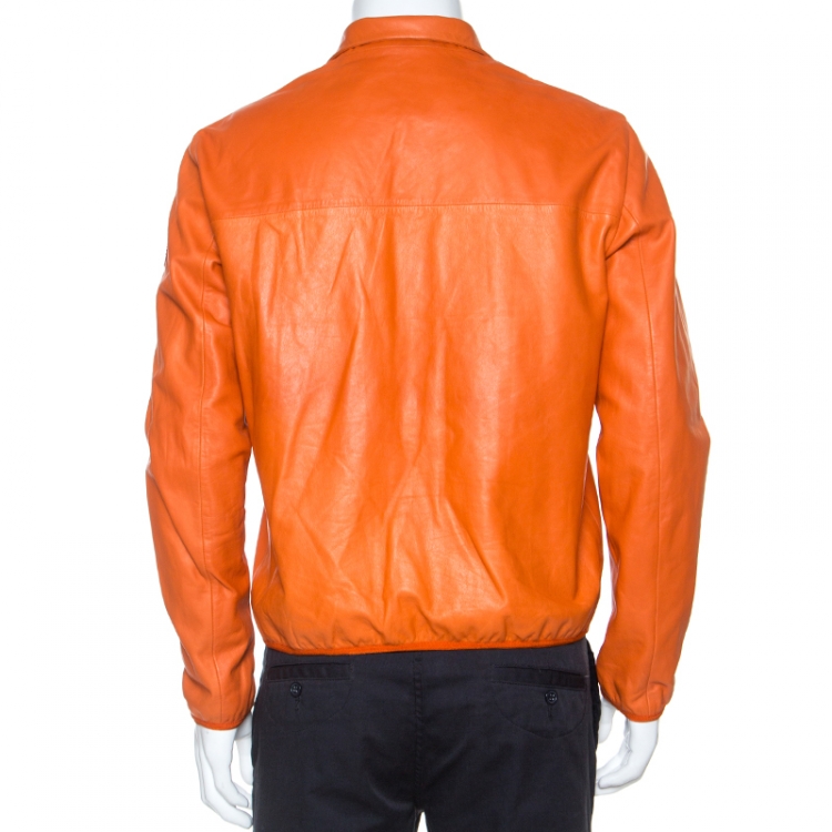 Pre Owned Emporio Armani Orange Leather Zip Front Jacket L