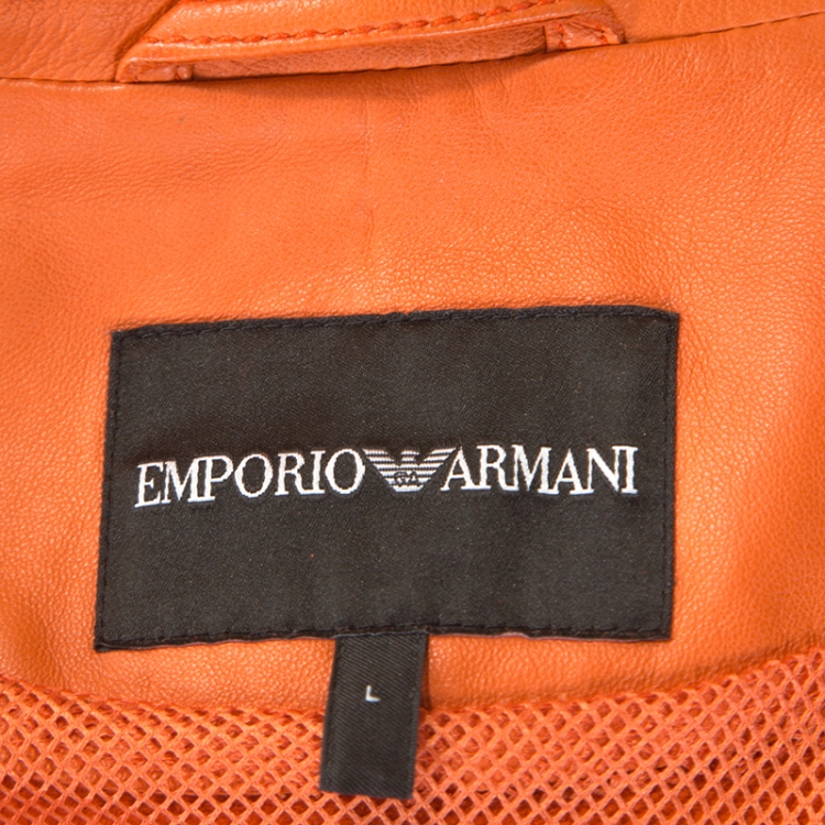Pre Owned Emporio Armani Orange Leather Zip Front Jacket L