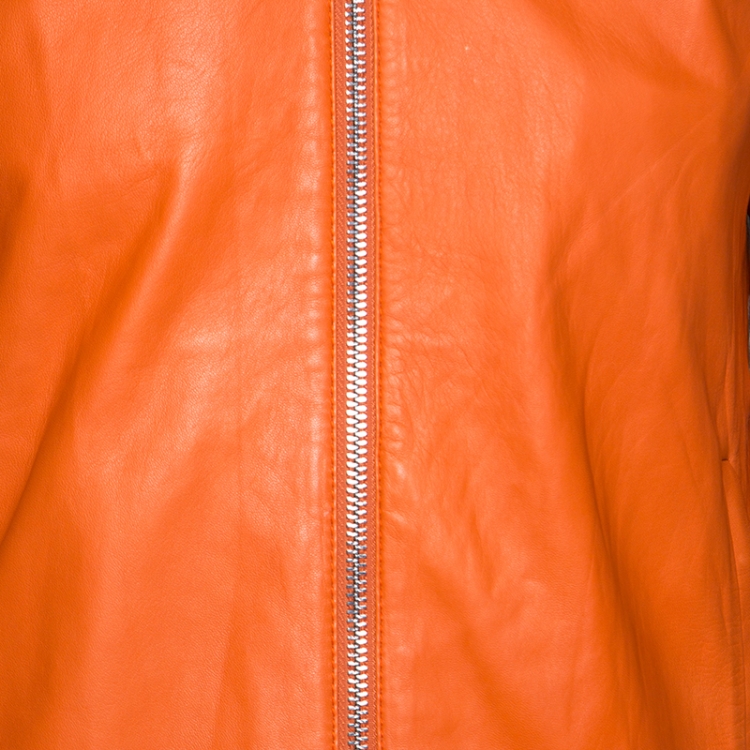Pre Owned Emporio Armani Orange Leather Zip Front Jacket L
