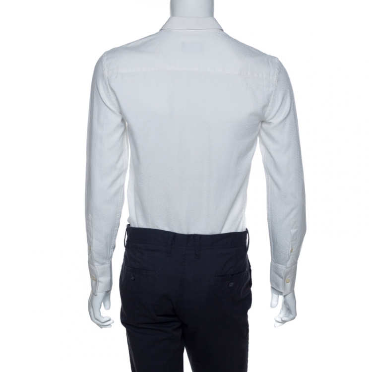 Pre Owned Emporio Armani White Jacquard Patterned Cotton Long Sleeve Shirt M