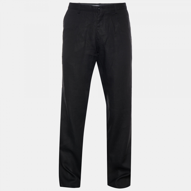 Pre Owned Emporio Armani Black Linen Straight Leg Pants L