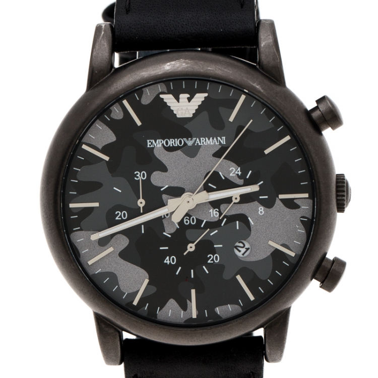 Pre Owned Emporio Armani Grey Camouflage Gunmetal Plated Stainless Steel Classic AR1816 Men's Wristwatch 46 mm
