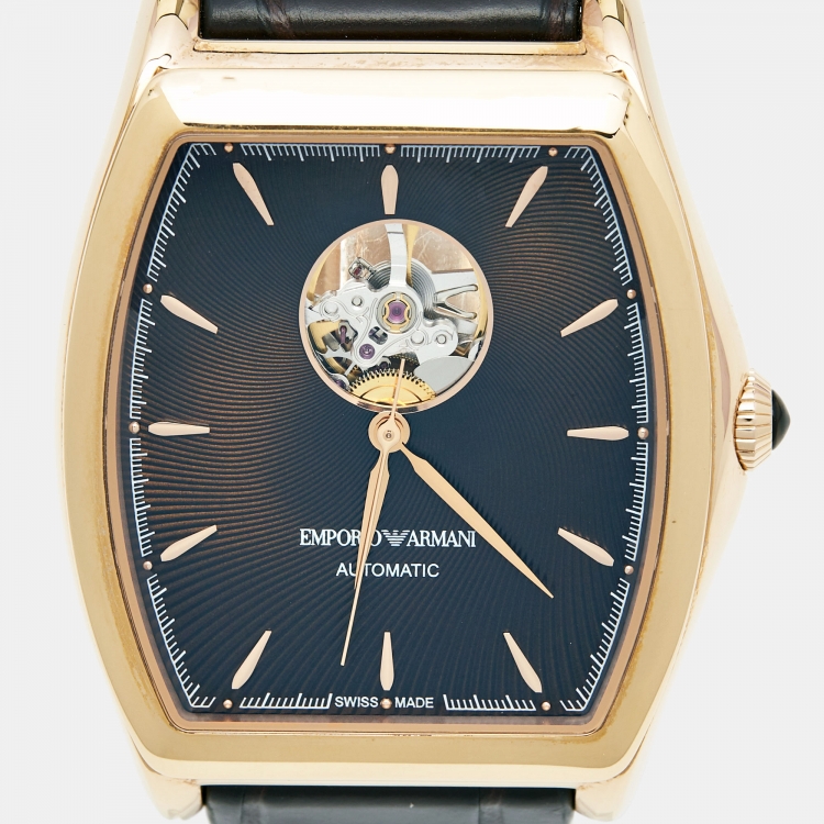 Pre Owned Emporio Armani Brown Gold Plated Stainless Steel Alligator Leather Classic AR3355 Men's Wristwatch 45 mm