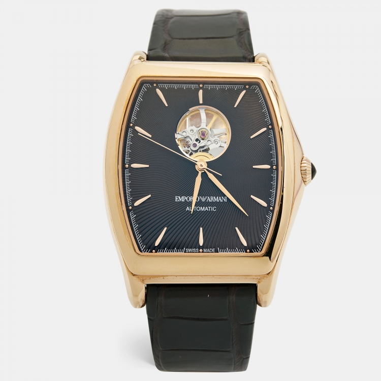 Pre Owned Emporio Armani Brown Gold Plated Stainless Steel Alligator Leather Classic AR3355 Men's Wristwatch 45 mm