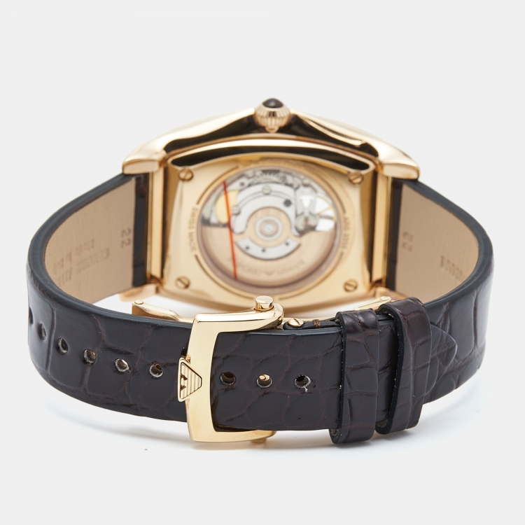 Pre Owned Emporio Armani Brown Gold Plated Stainless Steel Alligator Leather Classic AR3355 Men's Wristwatch 45 mm