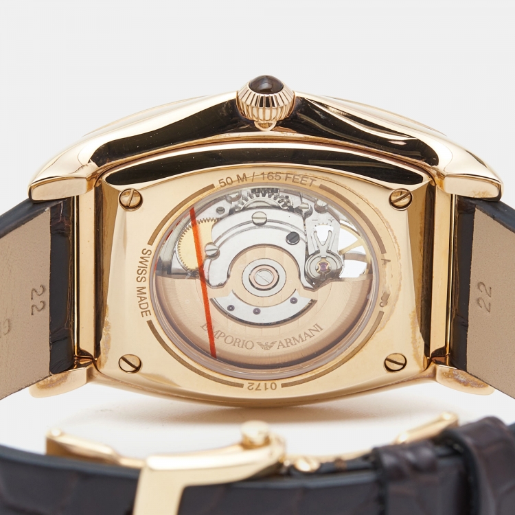 Pre Owned Emporio Armani Brown Gold Plated Stainless Steel Alligator Leather Classic AR3355 Men's Wristwatch 45 mm