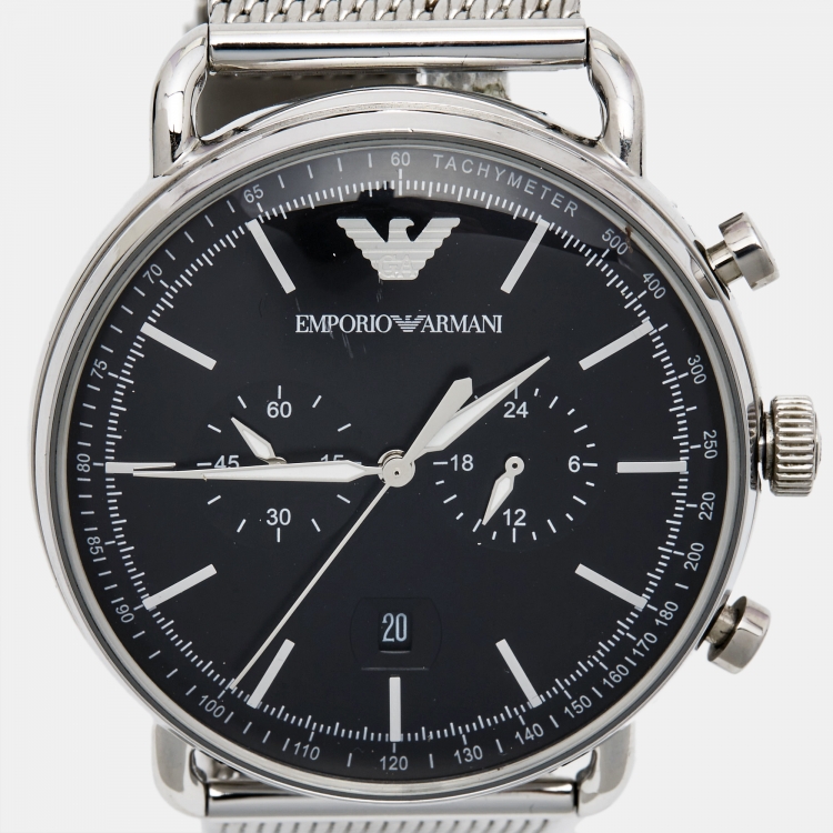 Pre Owned Emporio Armani Black Stainless Steel Aviator AR11104 Men's Wristwatch 43 mm