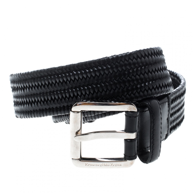 Pre Owned Ermenegildo Zegna Black Braided Woven Leather Elastic Belt 105 CM