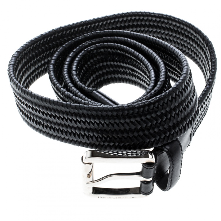 Pre Owned Ermenegildo Zegna Black Braided Woven Leather Elastic Belt 105 CM