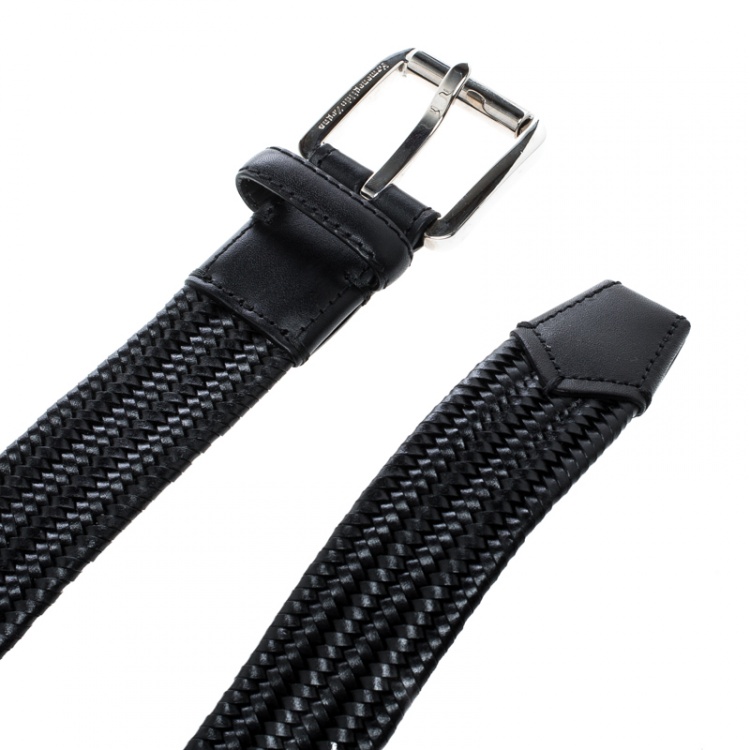 Pre Owned Ermenegildo Zegna Black Braided Woven Leather Elastic Belt 105 CM