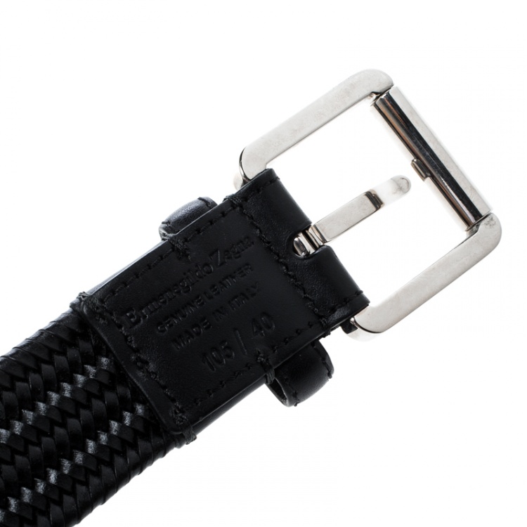 Pre Owned Ermenegildo Zegna Black Braided Woven Leather Elastic Belt 105 CM