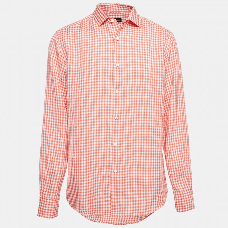 Pre Owned Ermenegildo Zegna Orange Gingham Cotton Blend Shirt XL