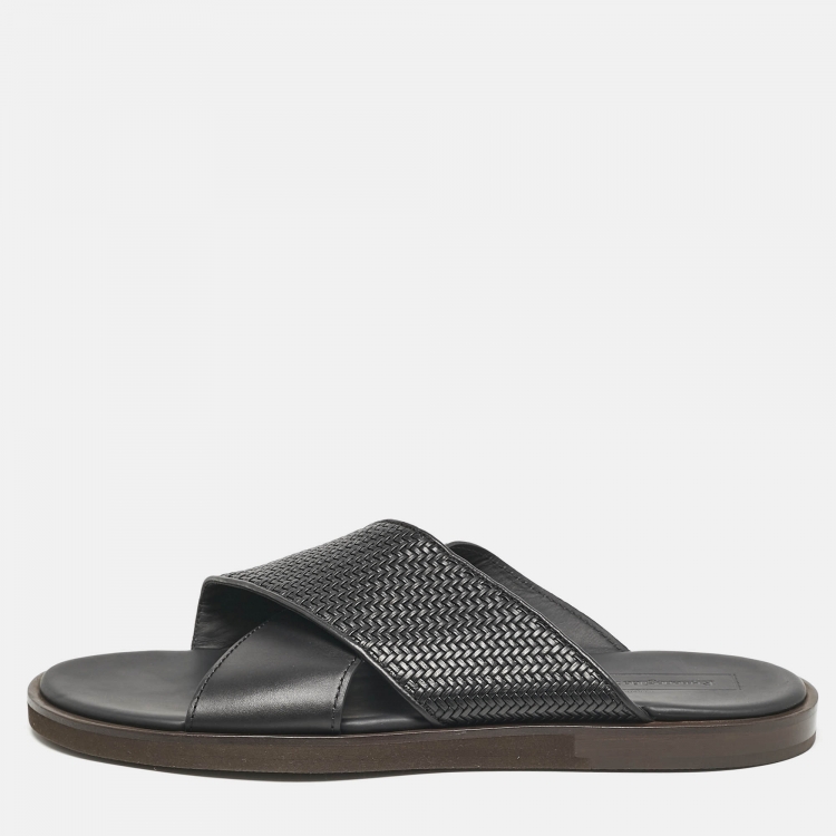 Pre Owned Ermenegildo Zegna Black Woven Leather Flat Slides Size 46