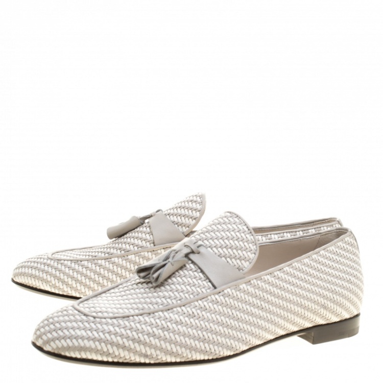 Pre Owned Ermenegildo Zegna Two Tone Woven Leather Tassel Detail Loafers Size 42.5