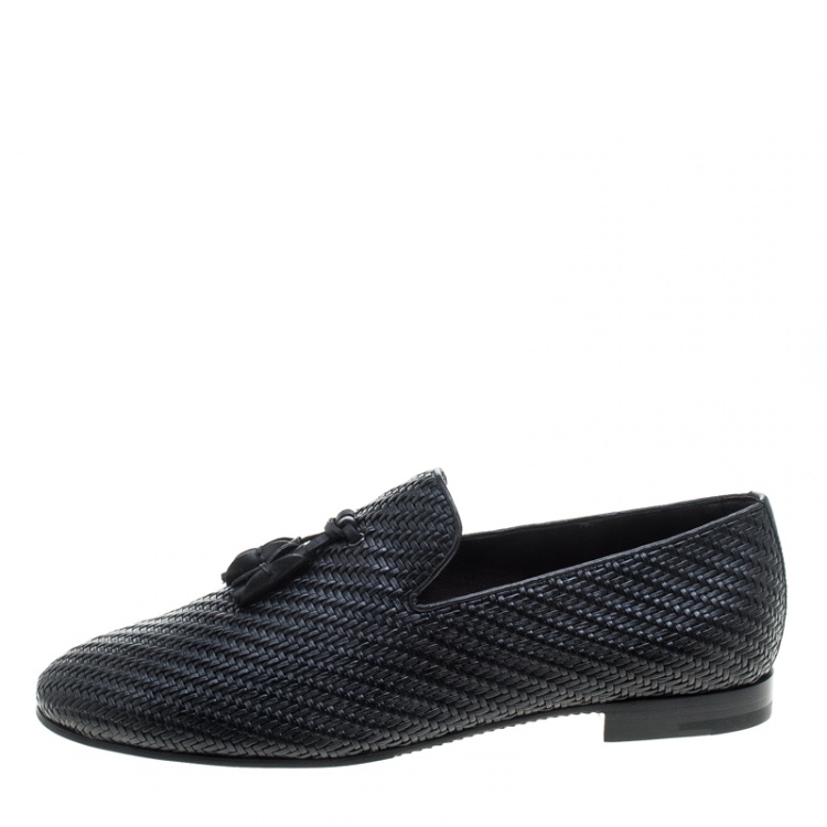 Pre Owned  Ermenegildo Zegna Black Woven Leather Lido Tassel Loafers Size 42