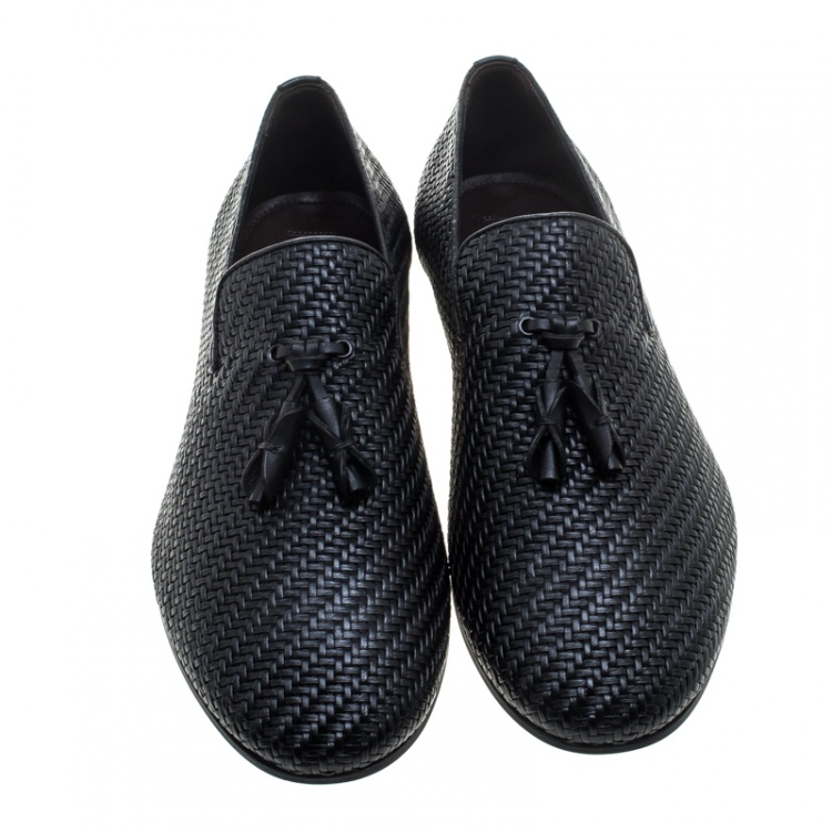 Pre Owned  Ermenegildo Zegna Black Woven Leather Lido Tassel Loafers Size 42