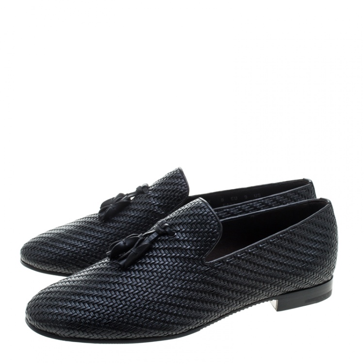 Pre Owned  Ermenegildo Zegna Black Woven Leather Lido Tassel Loafers Size 42