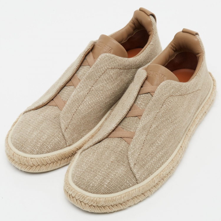 Pre Owned Ermenegildo Zegna Beige Canvas Triple Stitch Slip On Sneakers Size 44