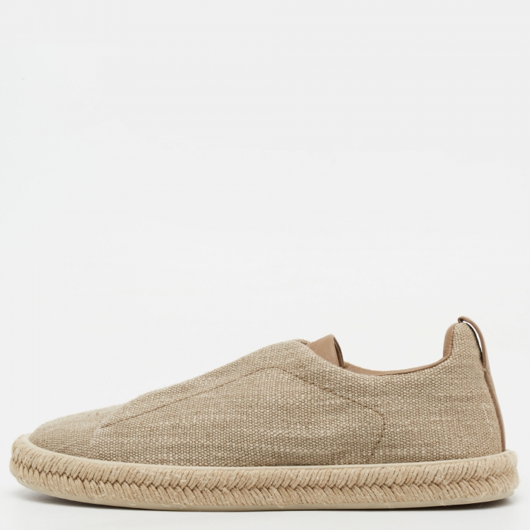 Pre Owned Ermenegildo Zegna Beige Canvas Triple Stitch Slip On Sneakers Size 44