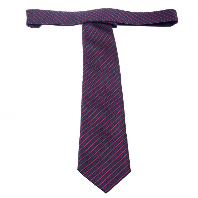 مملوكة مسبقًا Ermenegildo Zegna Navy Blue And Red Striped Woven Silk Tie