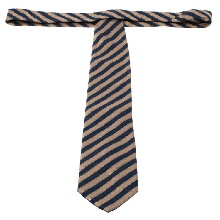 Pre Owned Ermenegildo Zegna Couture Navy Blue and Beige Textured Striped Silk Tie
