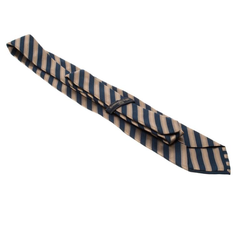 Pre Owned Ermenegildo Zegna Couture Navy Blue and Beige Textured Striped Silk Tie