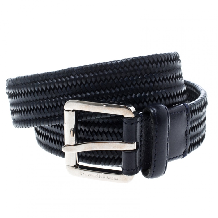 Pre Owned Ermenegildo Zegna Navy Blue Braided Woven Leather Elastic Belt 110 CM