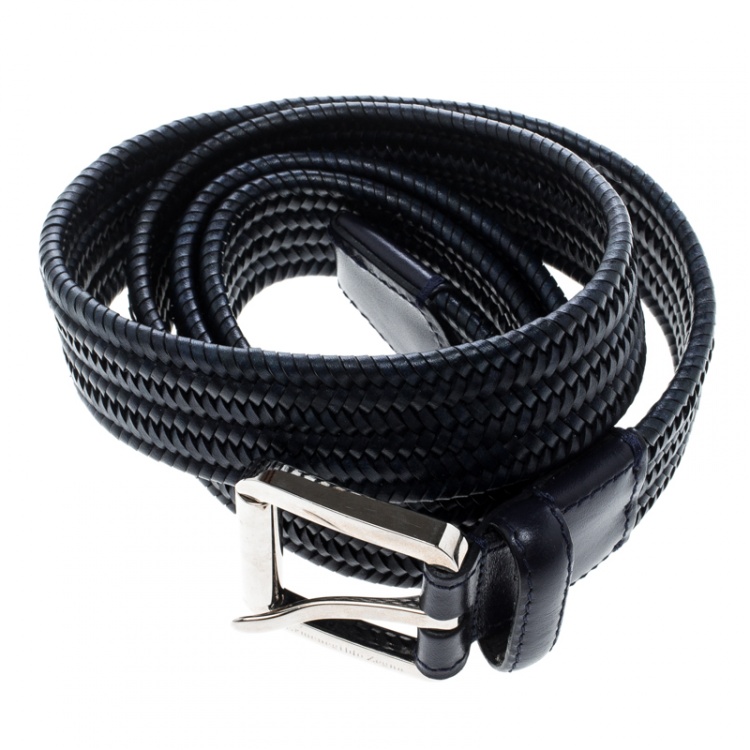 Pre Owned Ermenegildo Zegna Navy Blue Braided Woven Leather Elastic Belt 110 CM