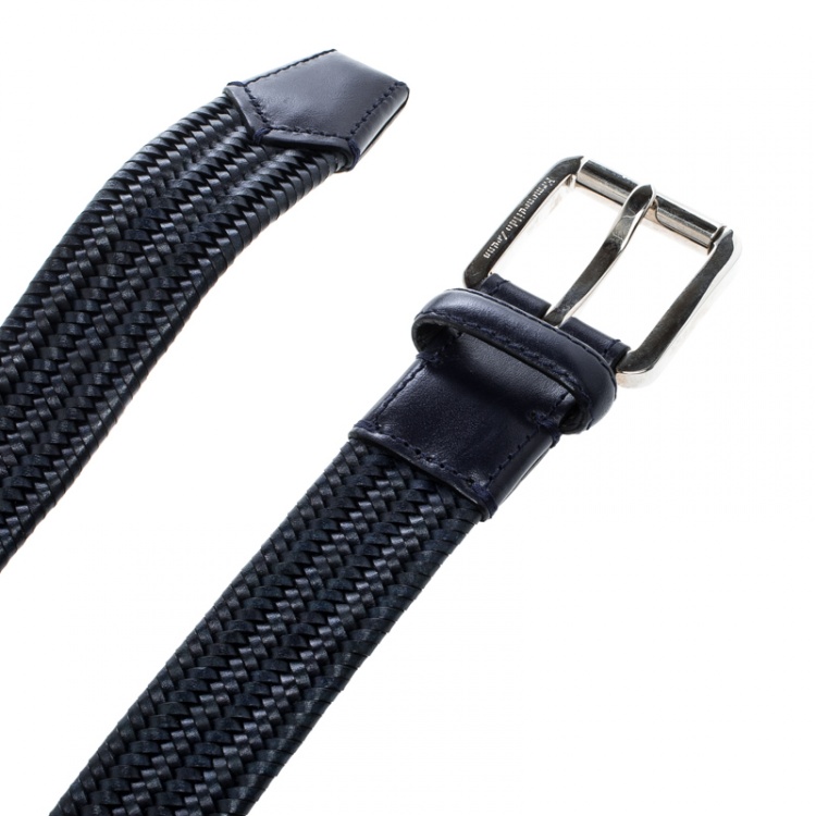 Pre Owned Ermenegildo Zegna Navy Blue Braided Woven Leather Elastic Belt 110 CM