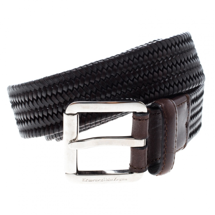 Pre Owned Ermenegildo Zegna Brown Braided Woven Leather Elastic Belt 110 CM