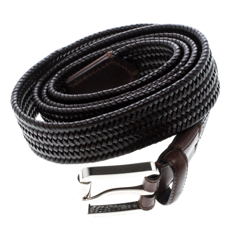 Pre Owned Ermenegildo Zegna Brown Braided Woven Leather Elastic Belt 110 CM