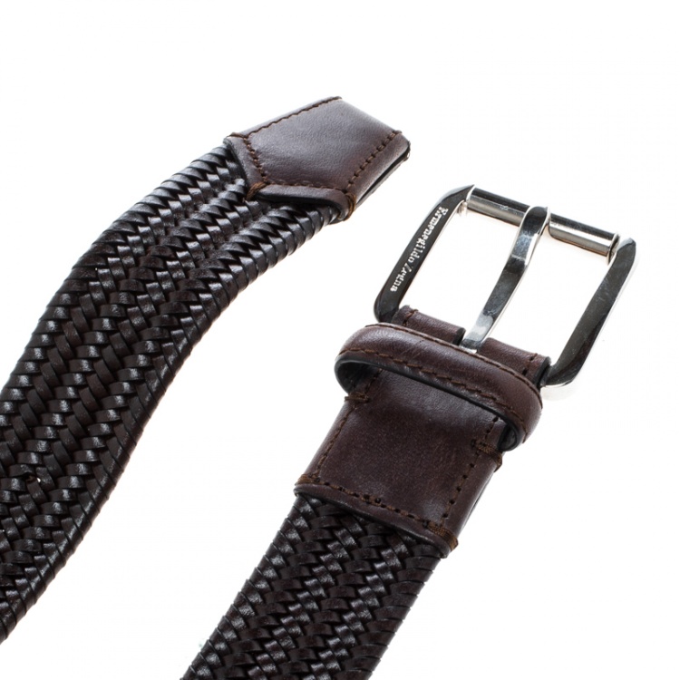 Pre Owned Ermenegildo Zegna Brown Braided Woven Leather Elastic Belt 110 CM