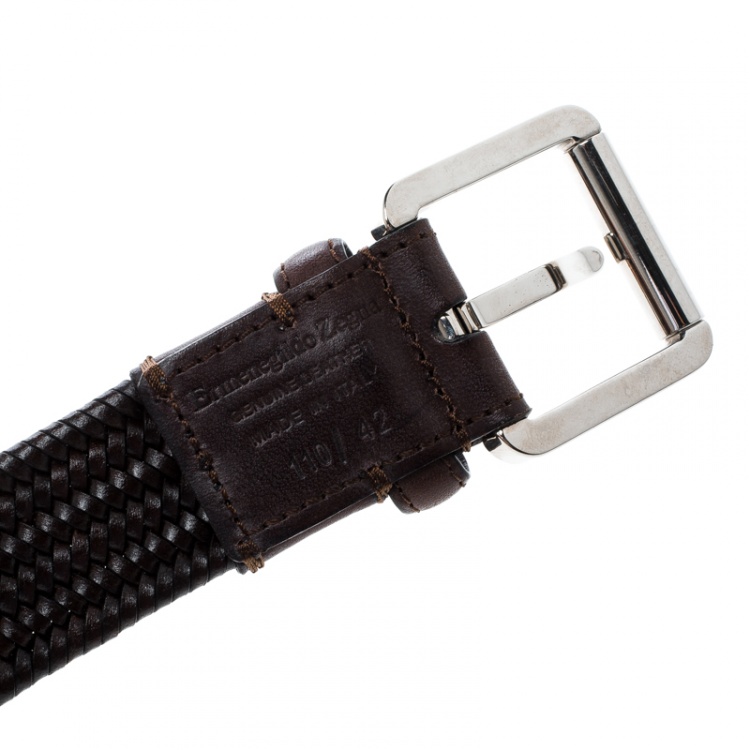 Pre Owned Ermenegildo Zegna Brown Braided Woven Leather Elastic Belt 110 CM