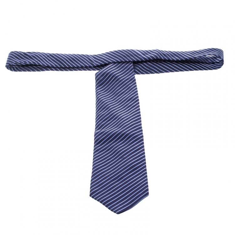 Pre Owned Ermenegildo Zegna Pour Le Secretaire General Navy Blue Diagonal Striped Silk Tie