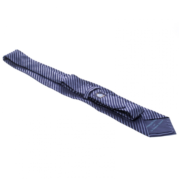 Pre Owned Ermenegildo Zegna Pour Le Secretaire General Navy Blue Diagonal Striped Silk Tie