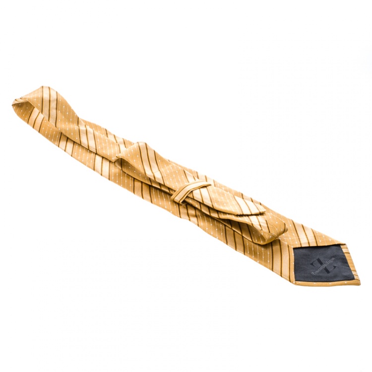 Pre Owned Ermenegildo Zegna Mustard Diagonal Striped and Dotted Silk Jacquard Tie