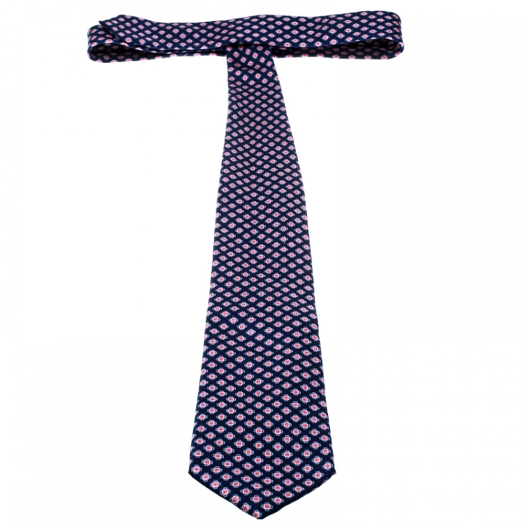 Pre Owned Ermenegildo Zegna Blue and Pink Patterned Silk Jacquard Tie
