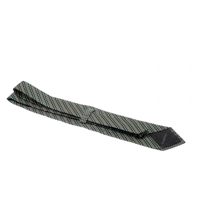 Pre Owned Ermenegildo Zegna Olive Green Diagonal Pattern Silk Jacquard Tie