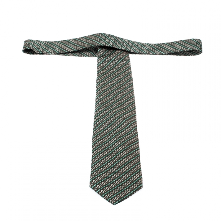 Pre Owned Ermenegildo Zegna Olive Green Diagonal Pattern Silk Jacquard Tie
