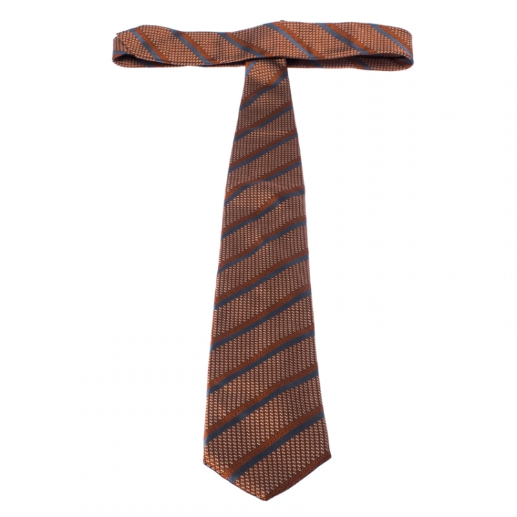 Pre Owned Ermenegildo Zegna Burnt Orange Diagonal Striped Pattern Jacquard Silk Classic Tie