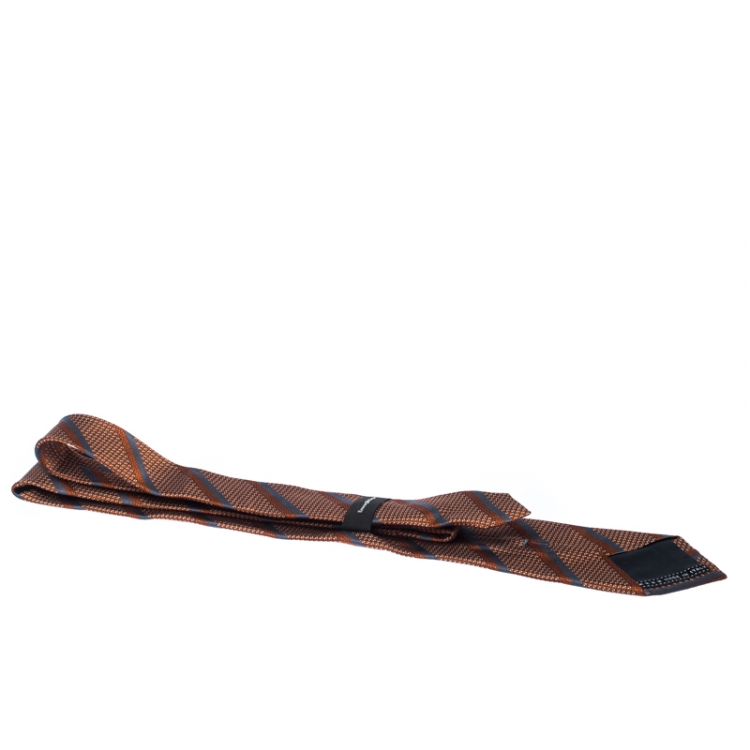 Pre Owned Ermenegildo Zegna Burnt Orange Diagonal Striped Pattern Jacquard Silk Classic Tie