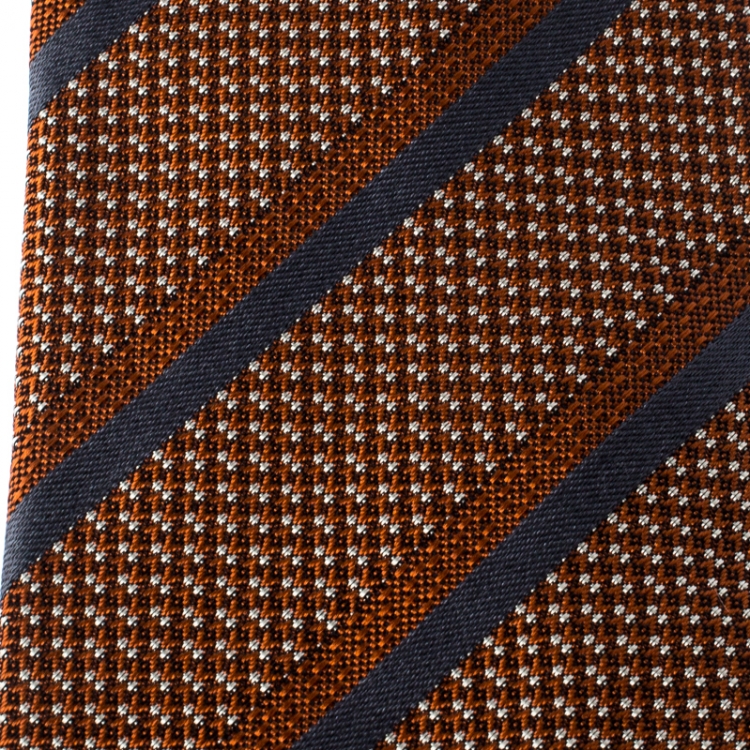 Pre Owned Ermenegildo Zegna Burnt Orange Diagonal Striped Pattern Jacquard Silk Classic Tie