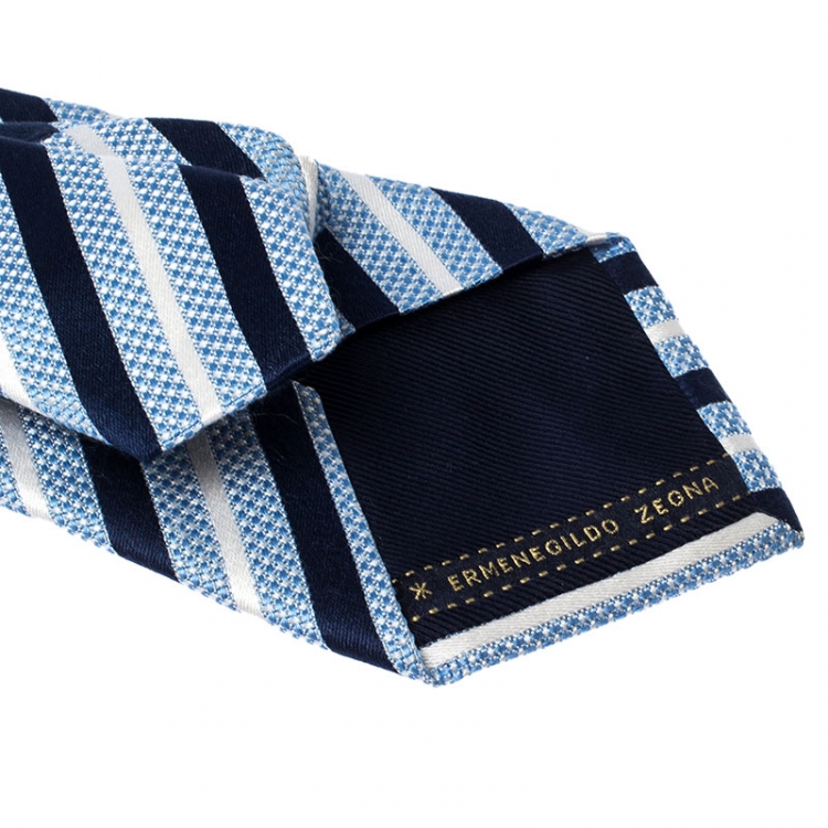 Pre Owned Ermenegildo Zegna Blue Striped Jacquard Silk Tie